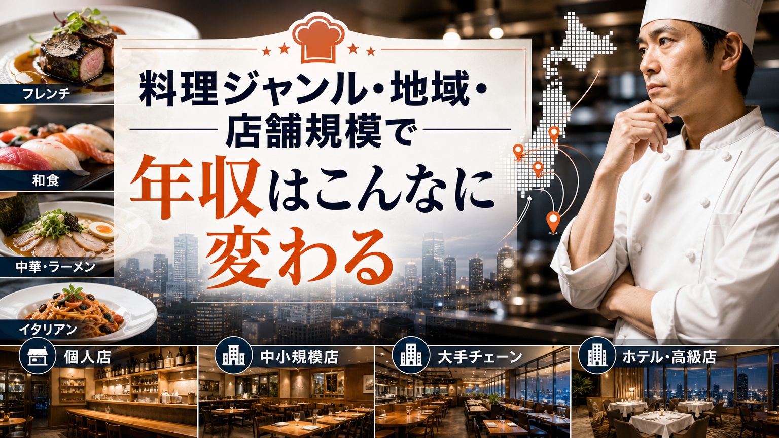 料理ジャンル・地域・店舗規模で年収はこんなに変わる